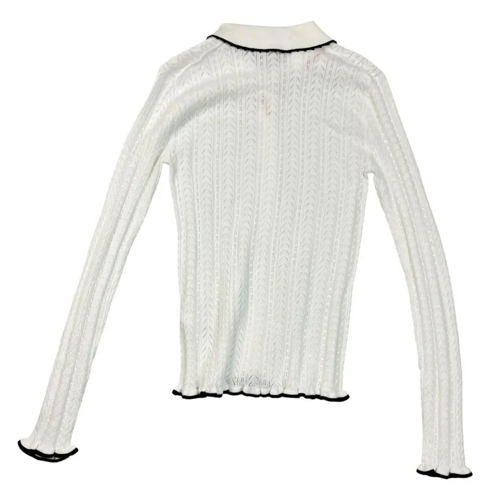 Madewell Cardigan Womens XXS White Ruffle Trim Pointelle Peter Pan Preppy NY455
